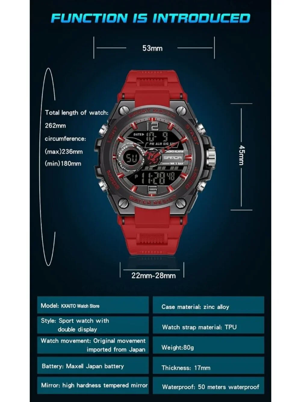 Men's Red And Black Analog Quartz Sports Waterproof Military LED Digital Watch